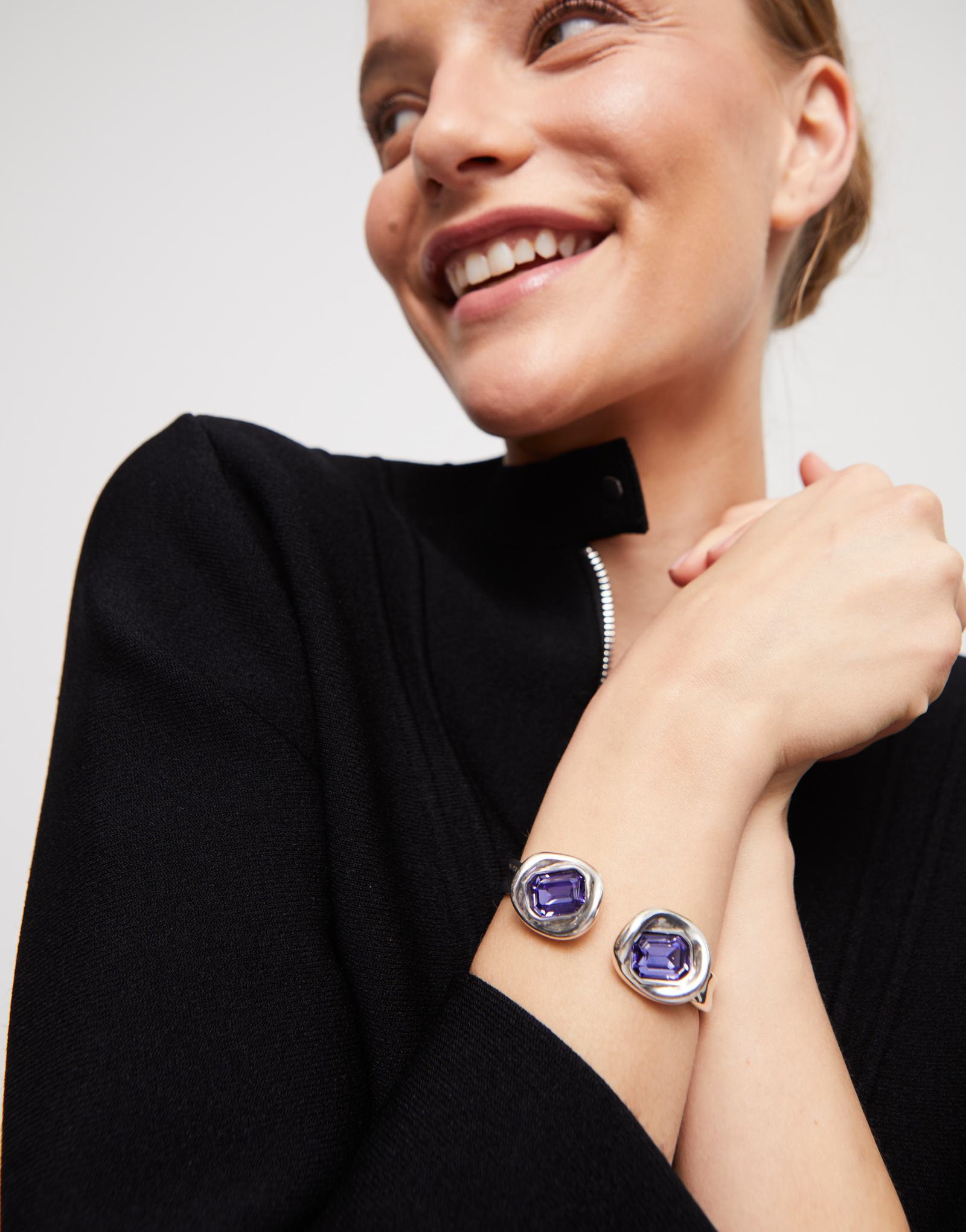 Bangle bracelet with two purple crystals, Silver, large thumbnail